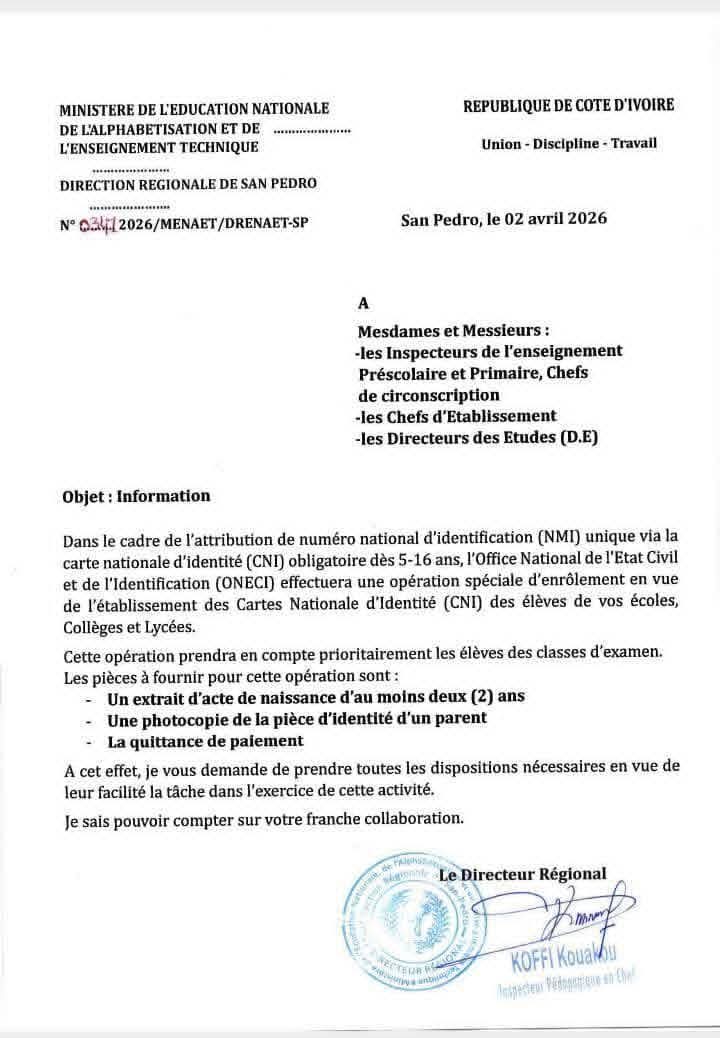 Identification nationale des élèves en Côte d’Ivoire : une opération stratégique lancée à San Pedro